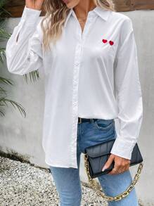 SHEIN Frenchy 愛心刺繡落肩袖襯衫 - 白色 - 查看 1