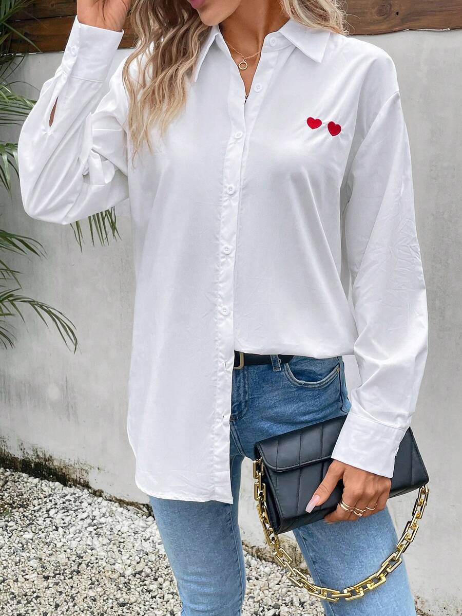 SHEIN Frenchy 愛心刺繡落肩袖襯衫 - 白色 - 查看 1