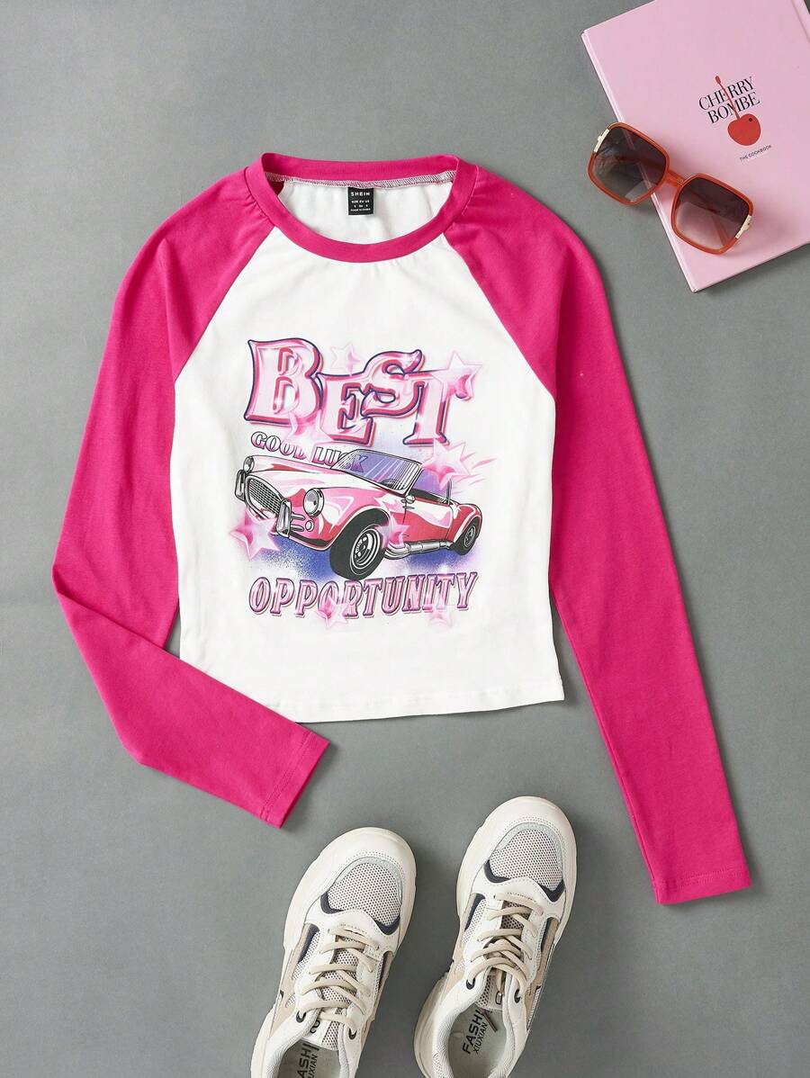 SHEIN EZwear Car & Letter Graphic Raglan Sleeve Tee - Multicolor - View 1