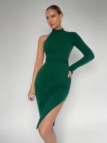 BizChic One Shoulder Split Thigh Sweater Dress - Green - View 4