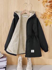 SHEIN 女大童字母補丁細節腰部抽繩連帽加絨內裏外套 - 黑色 - 查看 1
