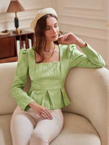 SHEIN Privé Square Neck Puff Sleeve Fold Pleated Detail Peplum Blouse - Green - View 6
