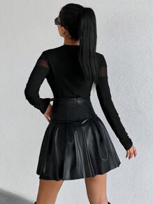 EURMUSE Women's Black High Waist Pleated PU Leather Mini Skirt - Black - View 2
