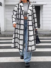 Flirla Plus Plaid Print Drop Shoulder Overcoat Fall Cloth For Women - Black and White - View 4