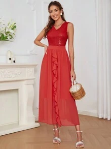 Eilly Bazar 對比色亮片荷葉邊連衣裙 - 紅色 - 查看 1