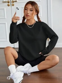 SHEIN EZwear 素色落肩袖運動衫 - 黑色 - 查看 1
