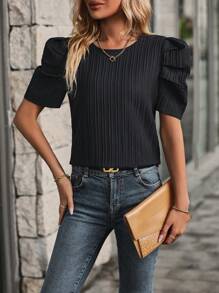 SHEIN VCAY Puff Sleeve Tie Back Blouse - Black - View 2