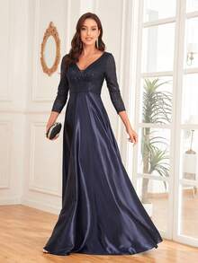 XUIBOL Contrast Sequin V Neck Formal Dress Elegant Prom Evening Wedding Guest Gown, For Graduation, Dinner - Navy Blue - View 6