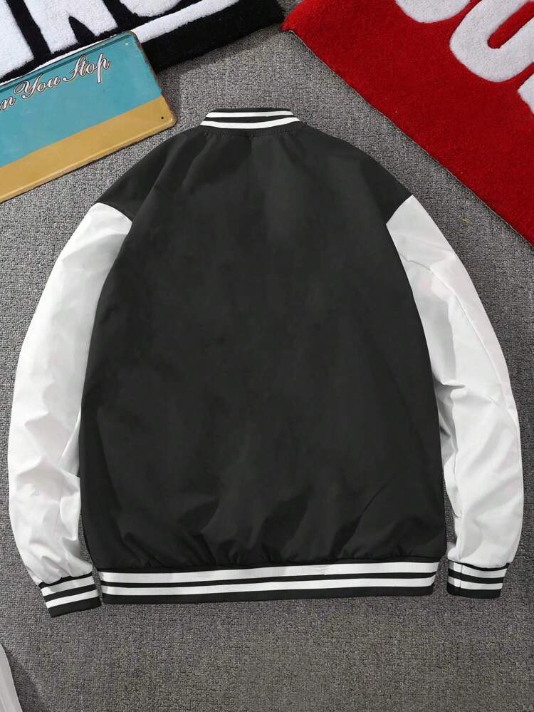 Oversized Men Slogan Graphic Striped Trim Two-Tone Varsity Jacket, For Fall Winter