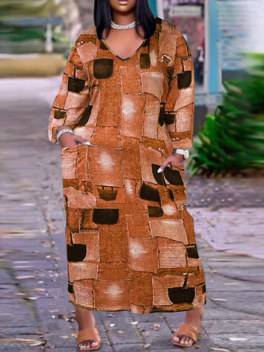 Plus Patchwork Print Dual Pocket Drop Shoulder Dress - Orange - View 1