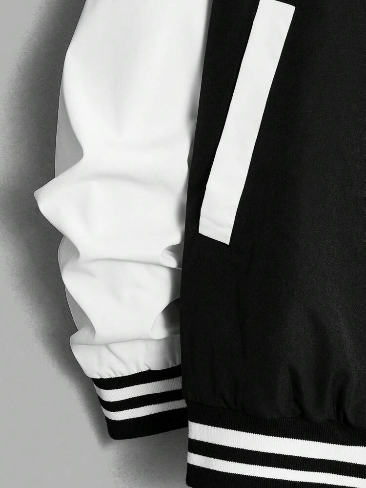 Oversized Men Slogan Graphic Striped Trim Two-Tone Varsity Jacket, For Fall Winter