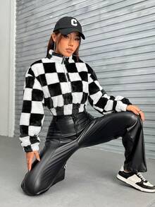 SHEIN Coolane 棋盤格拉鏈開襟短款絨毛運動衫 - 黑與白 - 查看 4