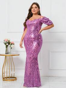 Plus Cold Shoulder Mermaid Hem Sequin Formal Dress - Purple - View 5