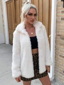 Eilly Bazar Solid Open Front Teddy Coat - Beige - View 4