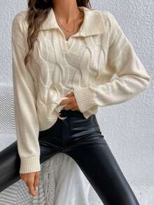 SHEIN Frenchy Cable Knit Drop Shoulder Sweater - Beige - View 3