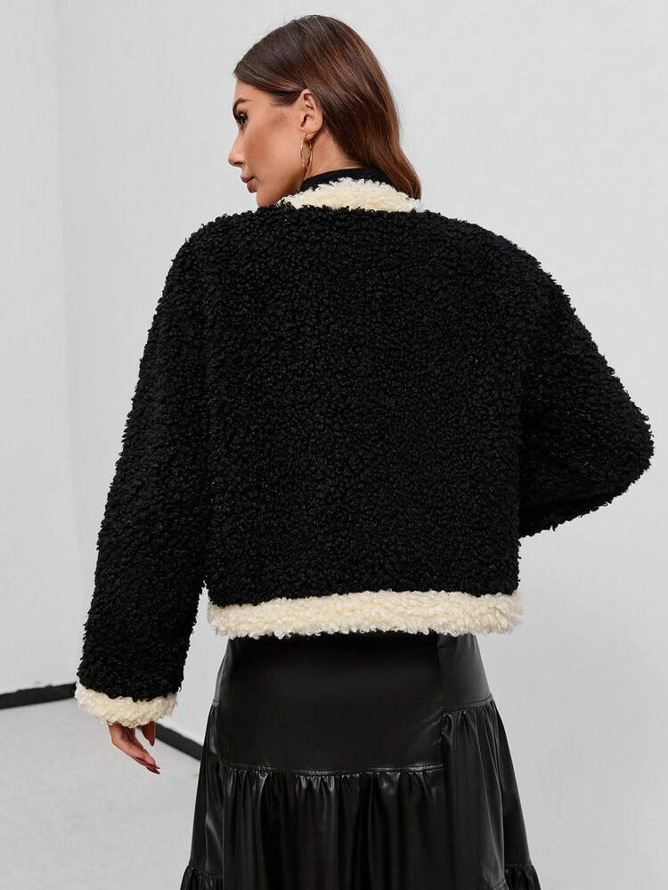 Contrast Trim Open Front Overcoat Fall Cloth For Women