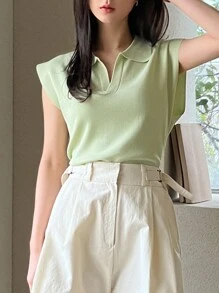 Dazy-Less 1pc Women Business Casual Short Sleeve Pullover Knitted Sweater Top Old Money Style - Green - View 7