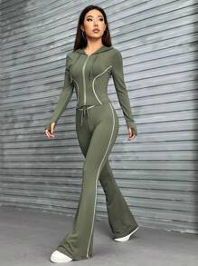 SHEIN EZwear Contrast Piping áo có mũ Áo khoác & Quần ống loe - xanh quân đội - Xem 1