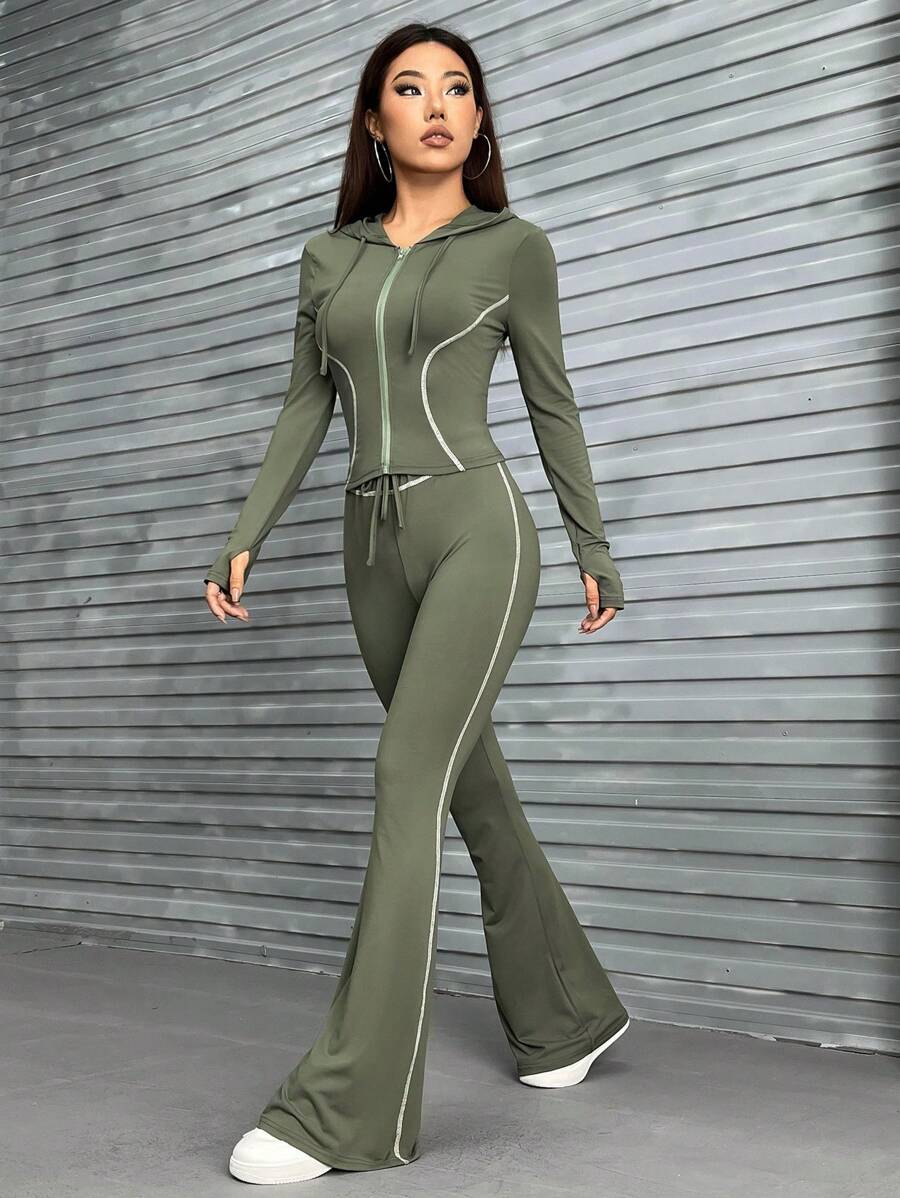 SHEIN EZwear Contrast Piping áo có mũ Áo khoác & Quần ống loe - xanh quân đội - Xem 1
