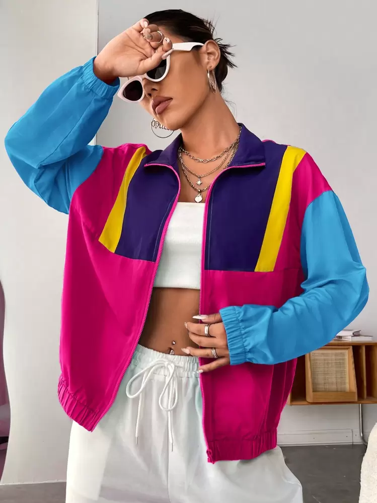 SHEIN EZwear Colorblock Zip Up Drop Shoulder Jacket In Fall/Winter