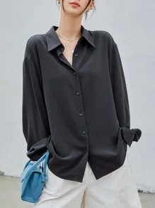 DAZY Chất rắn Thả vai Áo sơ mi - Màu xám đen - Xem 10