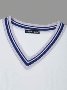 SHEINNeu Striped Trim Drop Shoulder Knit Top - White - View 4