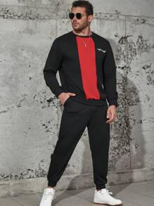 Manfinity Homme Men Plus Letter Graphic Colorblock Sweatshirt & Sweatpants - Black - View 5