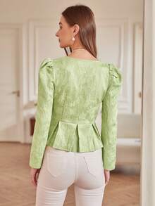 SHEIN Privé Square Neck Puff Sleeve Fold Pleated Detail Peplum Blouse - Green - View 2