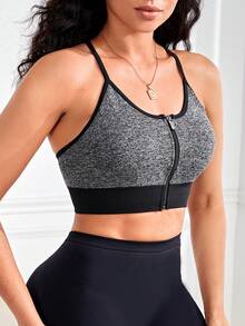 Zip Up Contrast Binding Sports Bra - Grey - View 3
