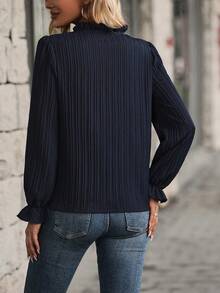 SHEIN Clasi Solid Flounce Sleeve V Neck Blouse - Navy Blue - View 2