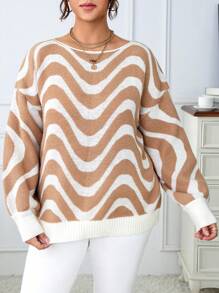 Calvaya Plus Wave Striped Pattern Drop Shoulder Sweater Knit Pullover Fall Winter Outfit - Multicolor - View 6