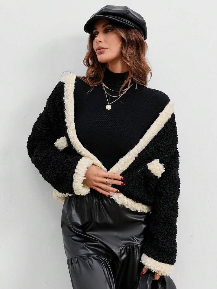 Contrast Trim Open Front Overcoat Fall Cloth For Women