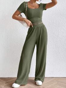 SHEIN Frenchy Square Neck Tee & Wide Leg Pants - Army Green - View 3
