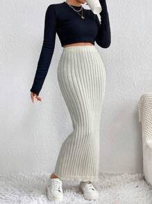 SHEIN Essnce 素色條紋針織半身裙 - 米色 - 查看 4