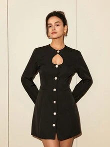 Cut Out Front Button Front Dress - Black - View 5