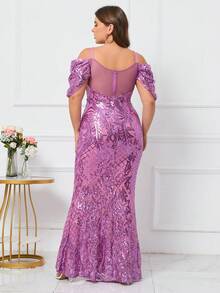 Plus Cold Shoulder Mermaid Hem Sequin Formal Dress - Purple - View 2