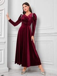 Modelyn Burgundy Red Rhinestone Detail Long Puff Sleeve Velvet Modest Dress Long Evening Dresses - Burgundy - View 1