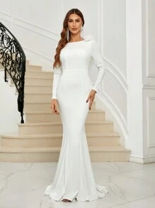 SHEIN Belle Không lưng Trang trí Fuzzy Chiều dài sàn Váy dự tiệc - trắng - Xem 2