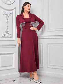 Modelyn Chaqueta corta y vestido camiseta con flecos con aplicaciones de strass en color rojo burdeos - Burdeos - Ver 1