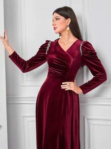 Modelyn Burgundy Red Rhinestone Detail Long Puff Sleeve Velvet Modest Dress Long Evening Dresses - Burgundy - View 5