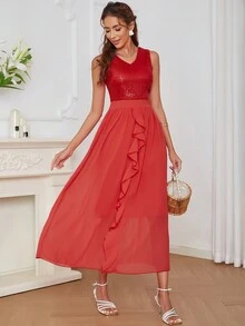 Eilly Bazar 對比色亮片荷葉邊連衣裙 - 紅色 - 查看 6