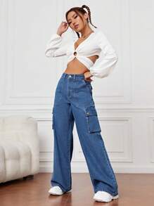 翻蓋口袋工裝牛仔褲 - 中等水洗藍 - 查看 3