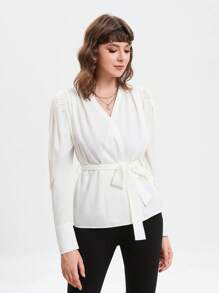 GENKIRA Sólido Com Cinto Blusa De Embrulho - Branco - Visão 5