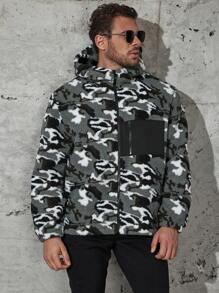 Manfinity Homme Loose Fit Men Plus Size Camo Print Zip Up Hooded Jacket - Black - View 6