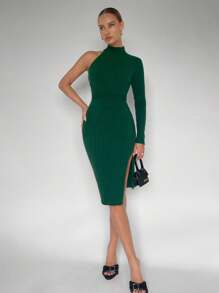 BizChic One Shoulder Split Thigh Sweater Dress - Green - View 3
