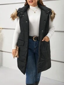 SHEIN Frenchy 大碼毛茸邊連帽羽絨背心大衣 - 黑色 - 查看 5