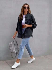 Ladies Single-Breasted Drop Shoulder Long Sleeve Denim Blouse - Black - View 4