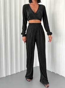 SHEIN Cottnline Surplice Neck Crop Top & Wide Leg Pants - Black - View 3