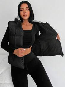 Zip Up Drawstring Hooded Puffer Vest Coat
