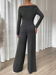 SHEIN Essnce Off Shoulder Ruched Top & Wide Leg Pants - Dark Grey - View 2